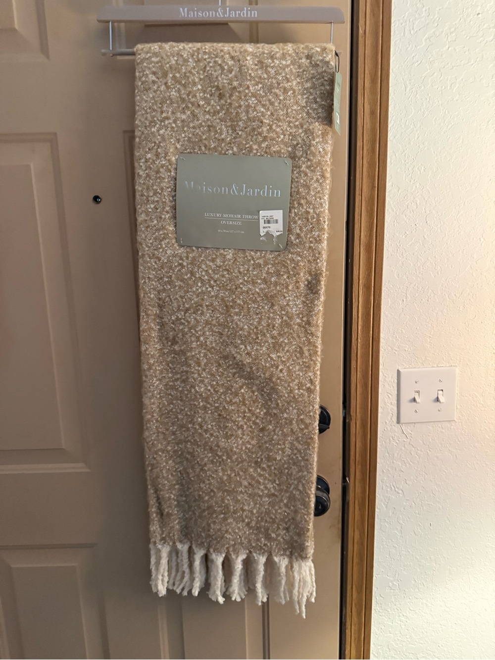 Cream Bouclé Throw Blanket with Fringe